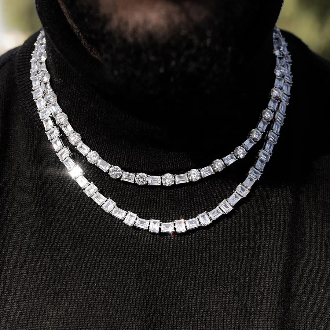 

iced out bling round rectangle cz tennis necklace hip hop bling women men chain necklaces, Rose gold