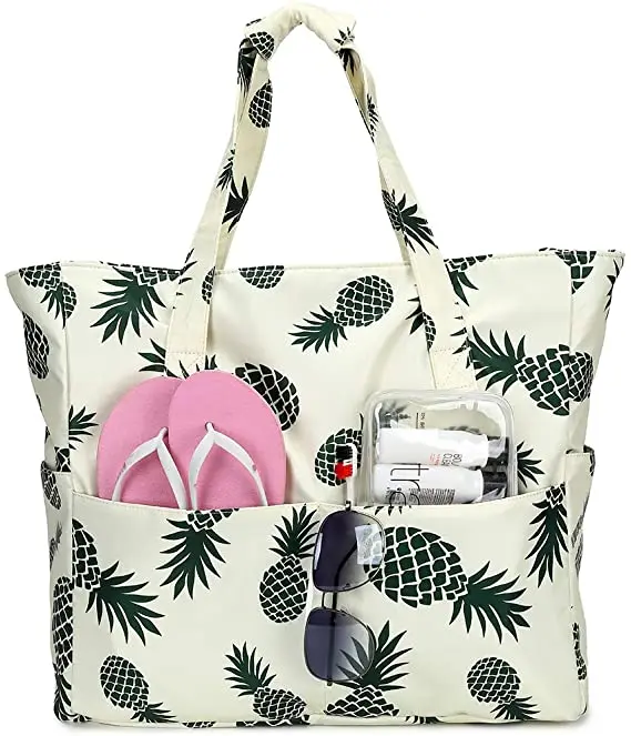 

Custom Eco Friendly Multi Pockets Storage Pool Gym Travel Grocery Bags Organizer Women Cotton Canvas Beach Tote Bag, Printing or customize