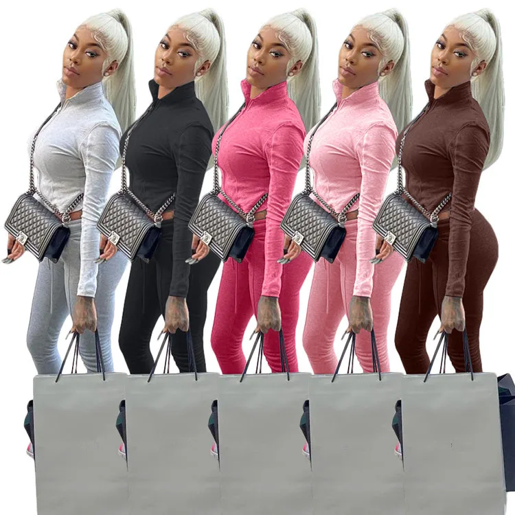 

Custom logo Fall Clothes for Women Casual Solid Zipper Crop Top + Stacked Pants Sport Two Piece Set Tracksuit Women