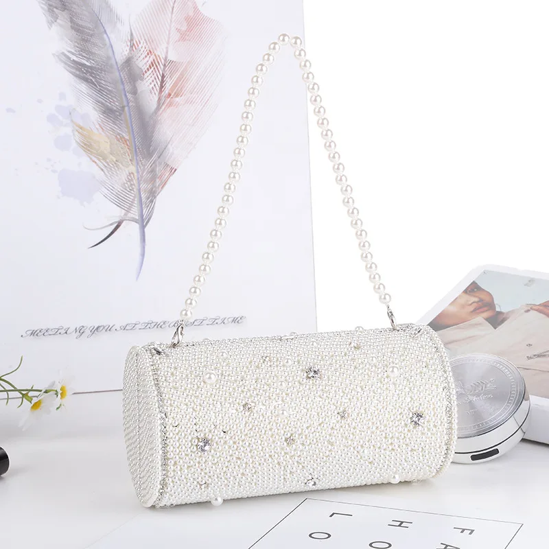 

Luxury cylinder pearl hot drilling sling bag women hand bags purse handmade high quality evening bag