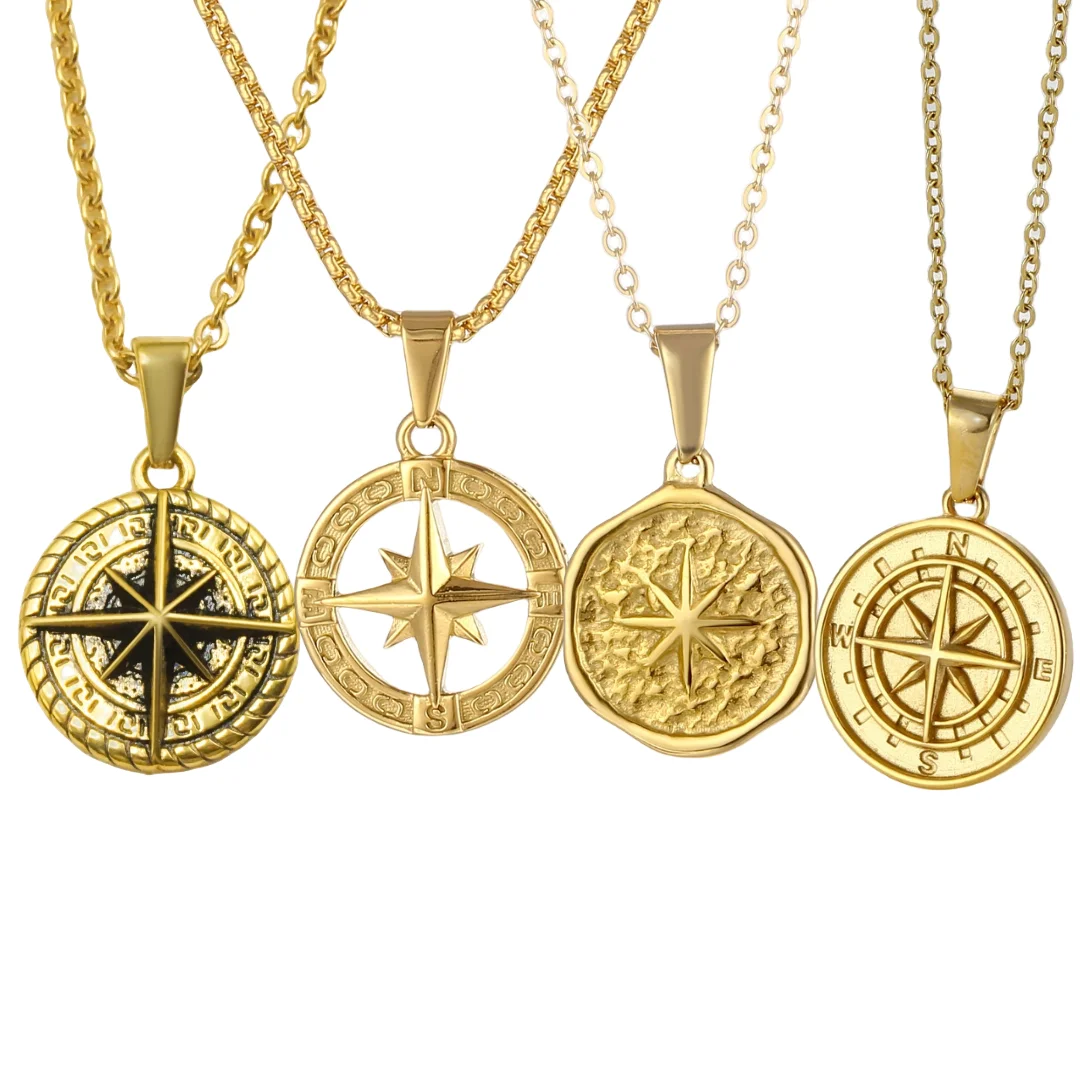 

2024 New Style Real Gold Plating Round Pendant Necklace Stainless Steel Joyeria De Moda Compass Pendant Necklace