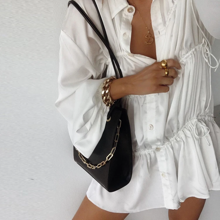 

Casual Fashion Drawstring Loose Dropped Shoulder Sleeves Female Shirt Dress Autumn Spring White Woman Dresses 2021