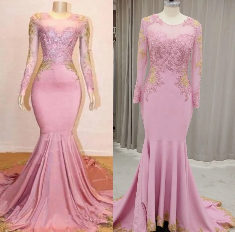 

#7972 Real Photos Sweep Train New Girls Long Sleeves Pink Mermaid Gold Lace Applique Formal Party Evening Gowns Prom Dresses