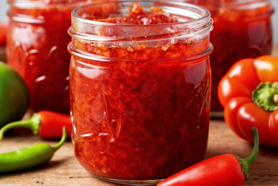 Close-up of vibrant red pepper jelly in mason jars with fresh jalapeños and bell peppers surrounding them