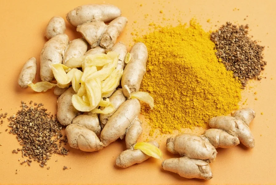 Close-up of turmeric root and powder next to measuring spoons for ginger substitution