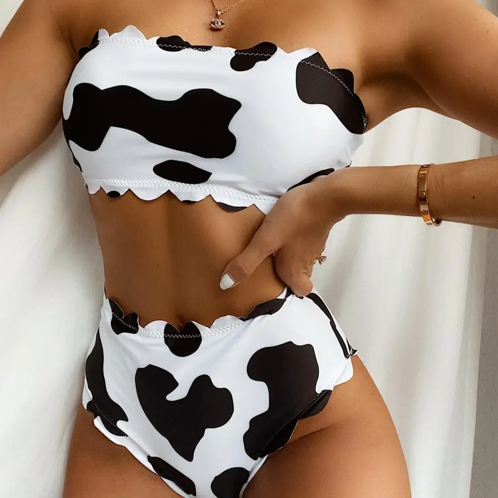 

Trendy Ruffled Bodysuit Swimsuit Two Pieces Strapless Milk Cow Swimming Costume Women Swimwear High Waist