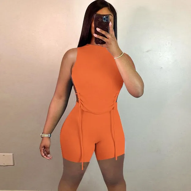 

Chic Solid Drawstring Tank Top With Short Pants Women Sleeveless Backless Short Set 2021 Ladies Summer Fashion Two Piece Sets, Yellow,orange,black