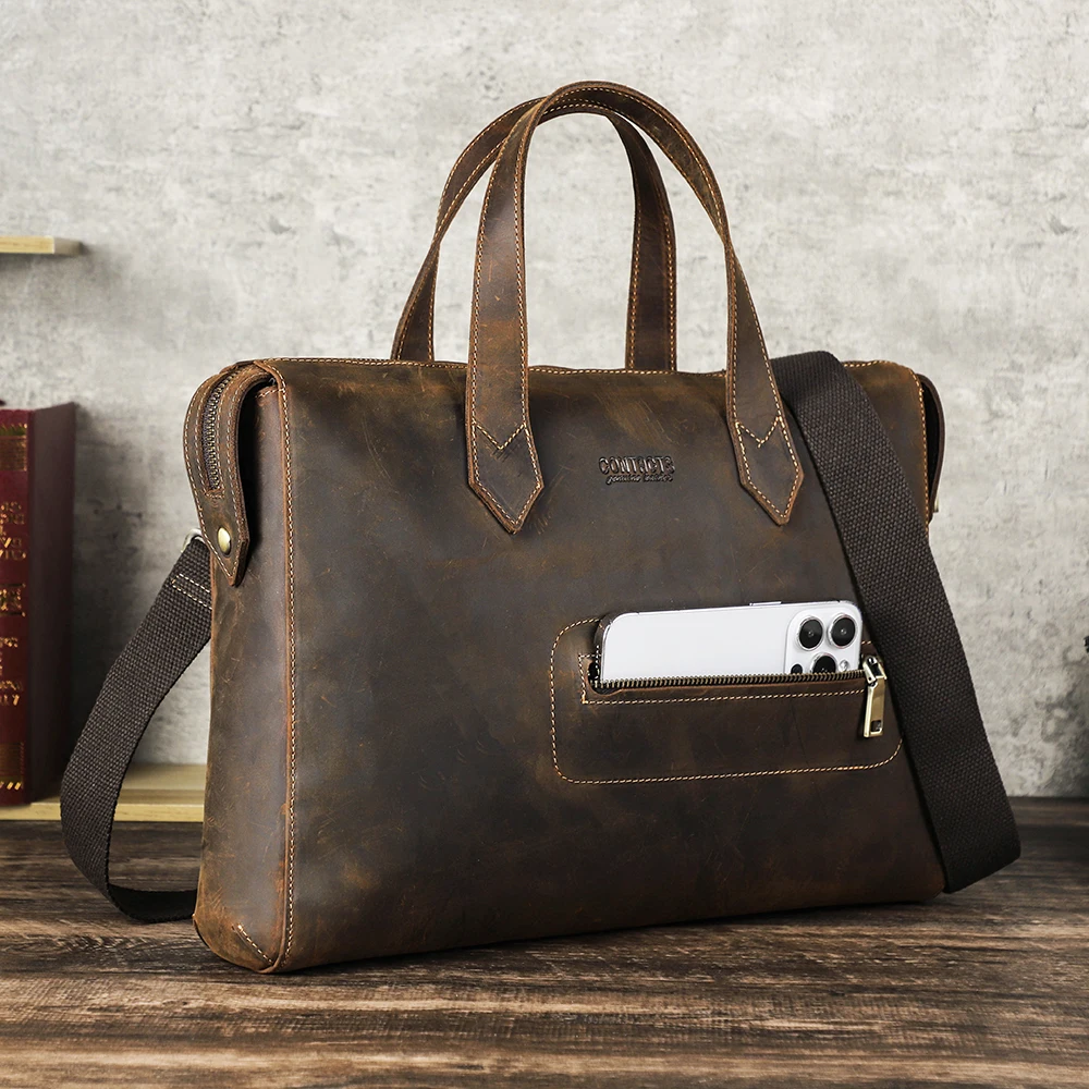Contact's Casual Laptop Bag for Men 13.3 Inch Laptop Handbag Vintage Crazy Horse Leather BrIefcase Laptop Bag With Front Pocket
