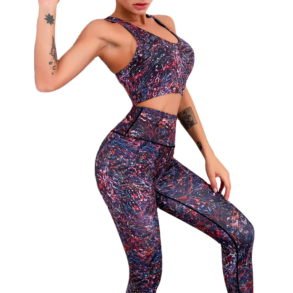 

INS European and American printed color camouflage yoga clothes beauty back exercise bra hip lifting tights two-piece set