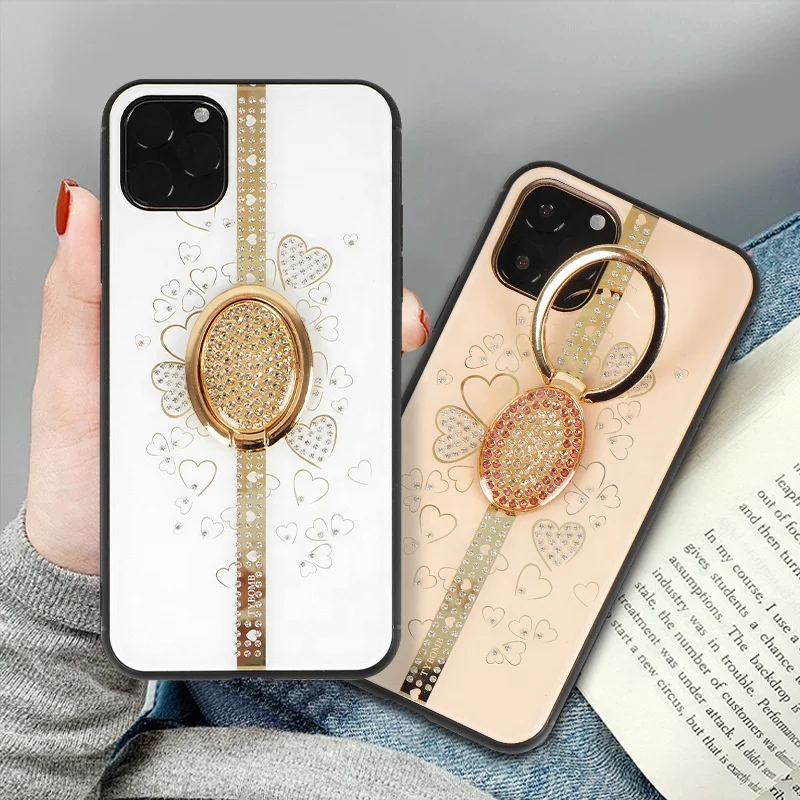 

Drop shipping Striped Floral Rhinestone Phone Case Silicone Material Case with Diamond Bracket, 2 colors