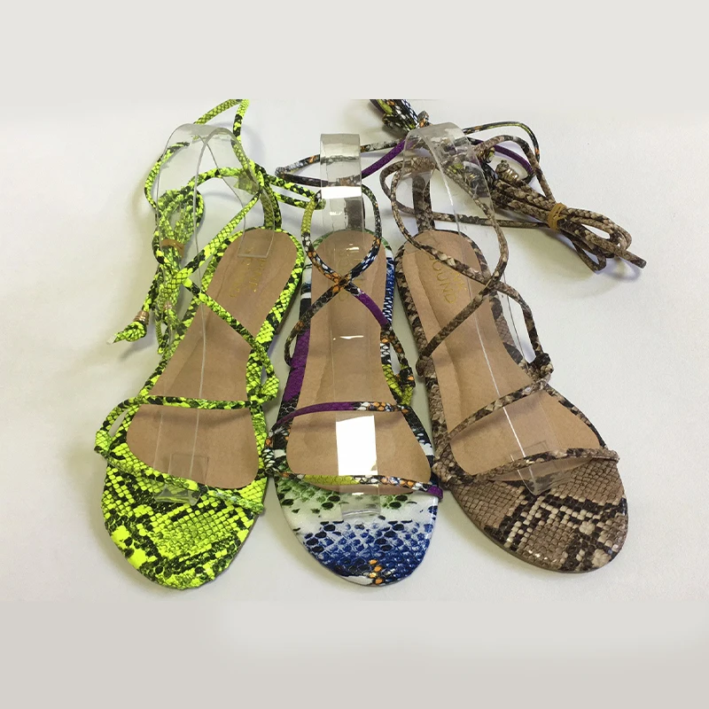 

Cross Bandage Flat Slippers Snakeskin Sexy Sandals PVC Platform Women Sandals Flat Shoes Print Ladies 2021 Plus Size Waterproof