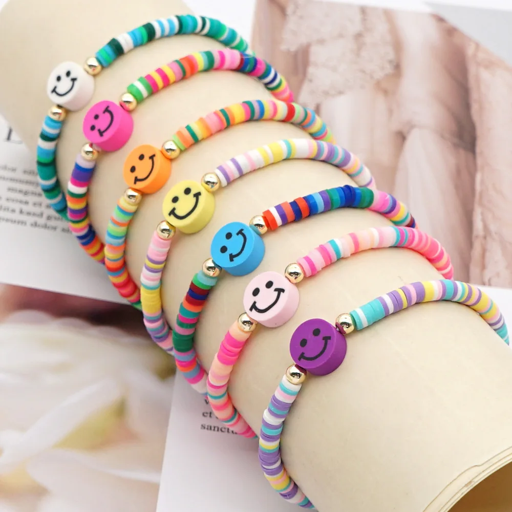 

Hand Made Jewelry Bohemian 4mm Stretch Elastic Polymer Clay Vinyl Disc Smile Beads Bracelets