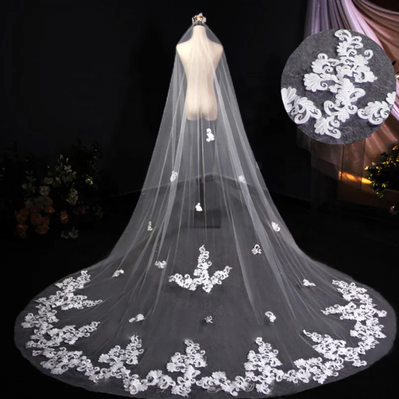 

Wholesale 3 Meter Wide Soft Wedding Veil Bridal Tulle Applique Lace Cathedral Cheap Wedding Veils