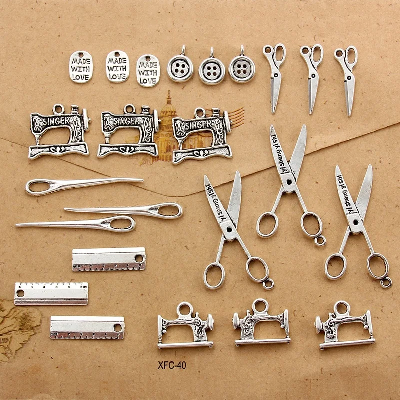 

24 antique silver sewing machine scissors button ruler pendant accessories DIY handmade jewelry, Picture