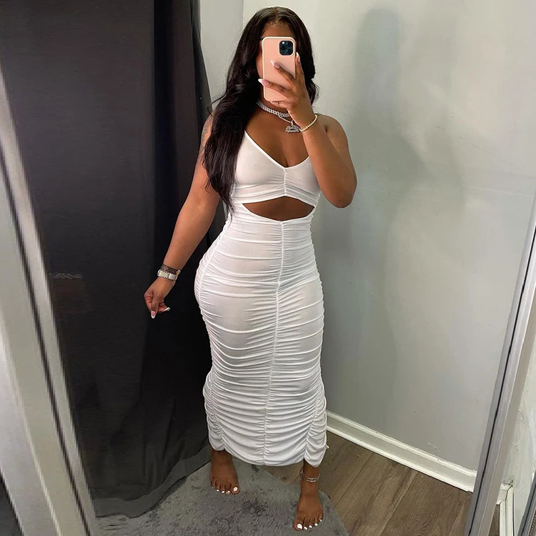 

Summer Casual Hollow Out Sexy Ruched Backless Cut Out Maxi Dress Fitted Womens Bodycon Dress Lady Cami Dress, White,light blue,black