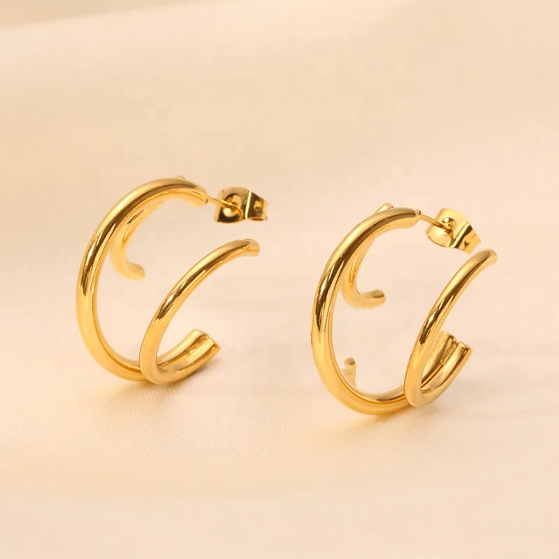 

French Style Titanium Steel Plated Female Crescent Exaggerated Moon 3D Stereo 18K Gold Plated Line Wire Earring Hoop Jewelry, As picture