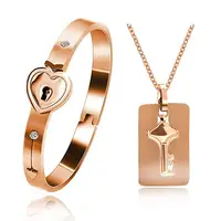 

Rose Gold Plated Titanium Matching Puzzle Couple Heart Lock Bracelet and Key Pendant Necklace for Men