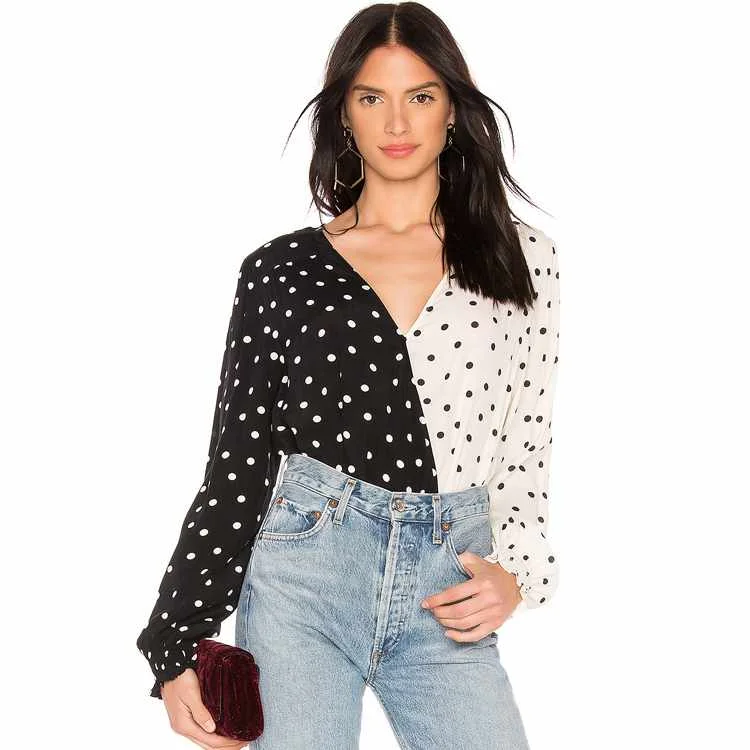 

Black and champagne dot buttoned ruffle sleeves elasticized hem blouse