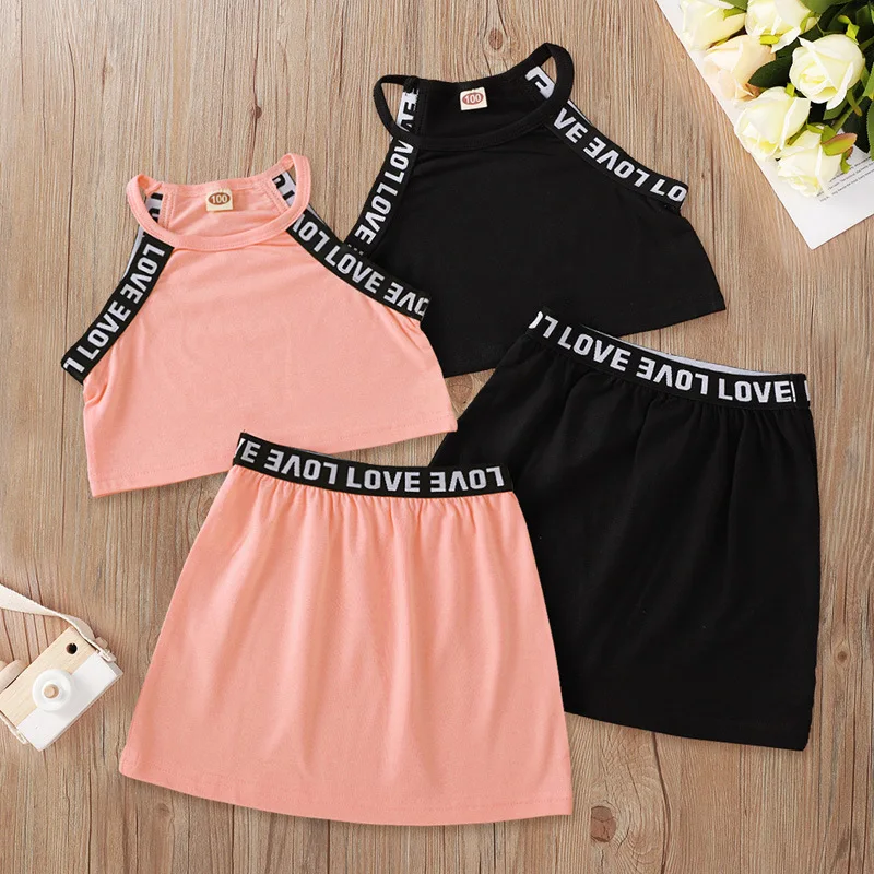 

2021 Summer Girl Outfit Set Cute Sleeveless Crop Top Shirt with Letters +Matching Skirt Pink Black 2 Colors 2-6T, As photos