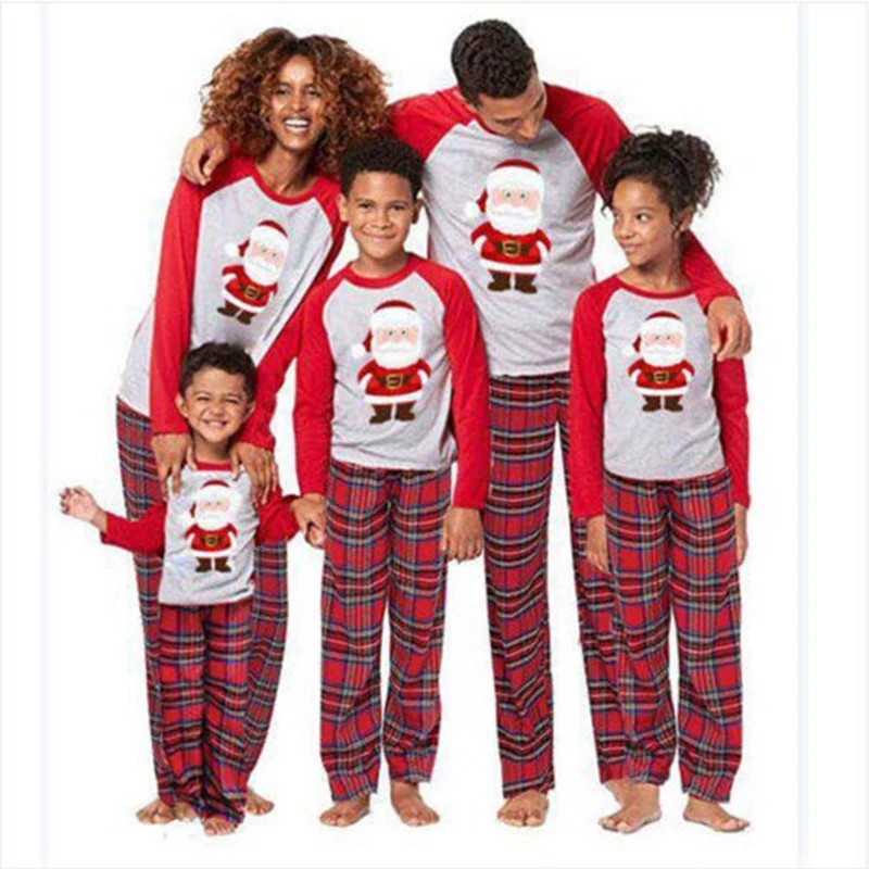 

JULY'S SONG Christmas Red Sleepwear Casual Cute Santa Claus Printed Family Homewear Fall Winter Patchwork Adult Child Loungewear, Red gray