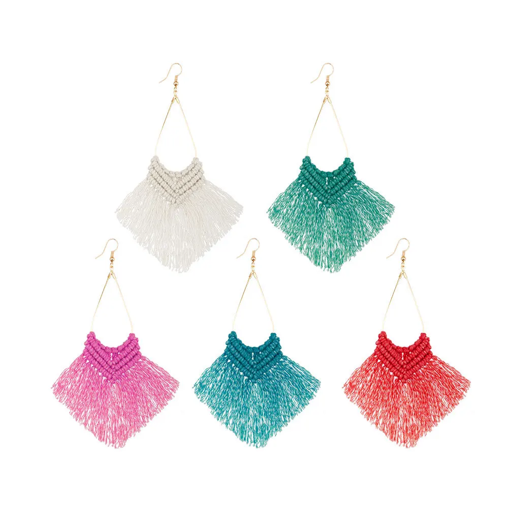 

2020 Summer Bohemian Handmade Braided Cotton Thread Tassel Hook Earrings Thread Fan Tassel Dangle Earrings