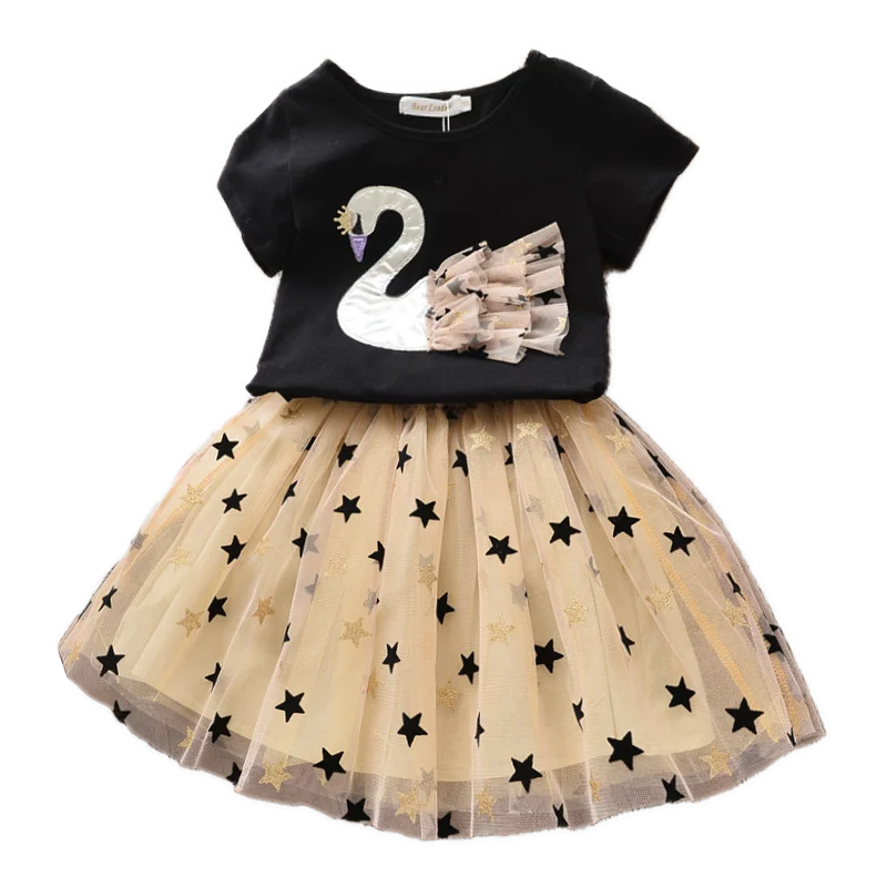 

Children Clothing Sets New Summer Girls Outfits Swan Cartoon Top and Skirt 2 Pcs Girls Sequin Outerwear Clothes 3 7Y