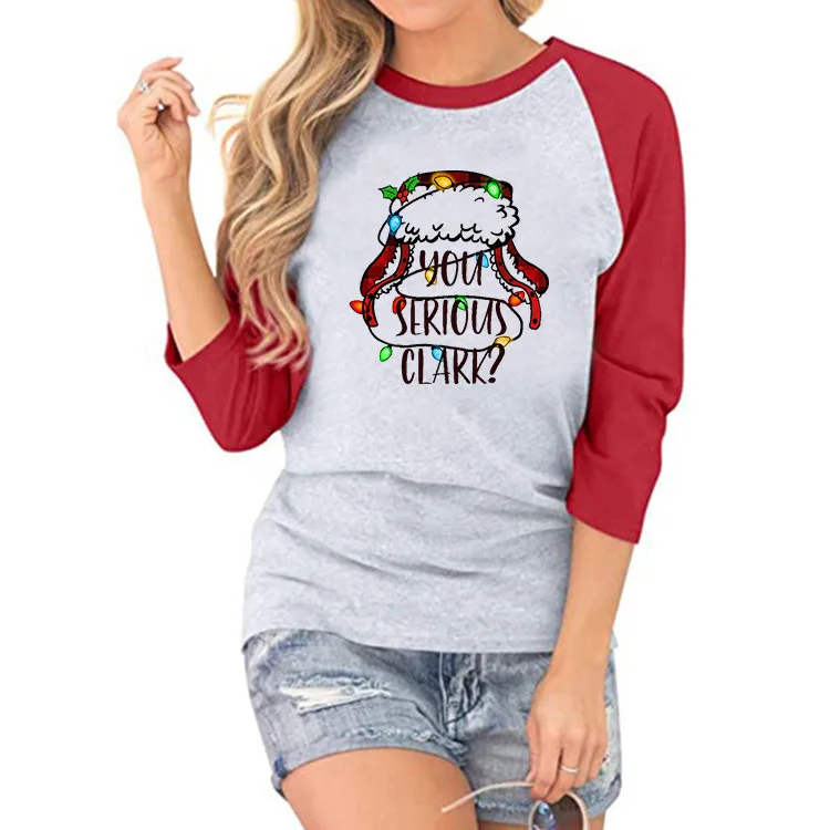 

2021 Faddish Christmas Print You Serious Clakk Print Christmas Hat Seven-Point Stitching Sleeves T-Shirt For Women Free Shipping
