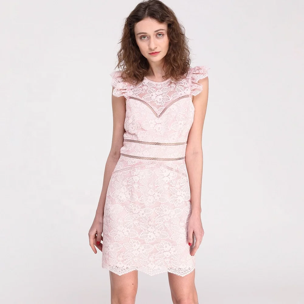 

Casual Summer Ruffle Sleeve Bodycon Women Mini Pink Lace Dresses