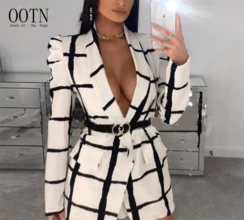 

OOTN women autumn long sleeve white office ladies blazer coat elagent fashion blazer Plaid deep v neck sexy blazer
