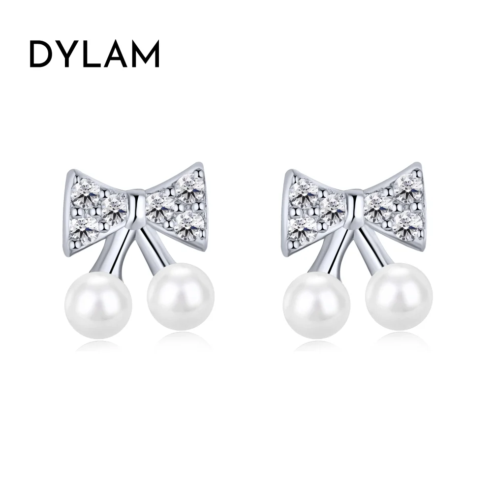 Dylam European American Pearl Bow Knot 5A Zircon Earrings 925 Sterling Silver Tiny Fashion Ear Stud Jewelry Earrings