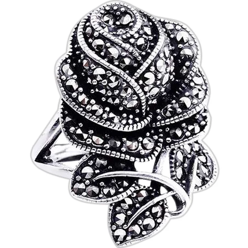 

antique silver color rose flower resizeable silver rings women 925 sterling