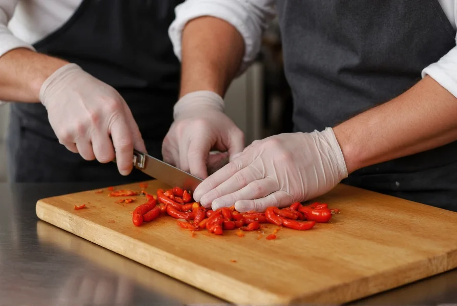 Chef wearing protective gloves carefully slicing a ghost chili pepper on a cutting board with proper ventilation setup