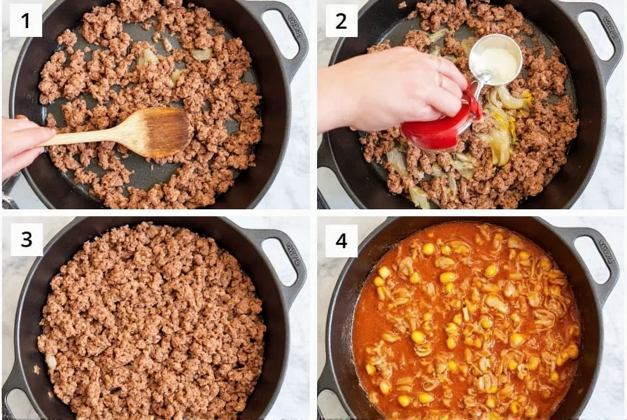 Step-by-step preparation of chili mac showing ground beef browning in skillet with onions and garlic