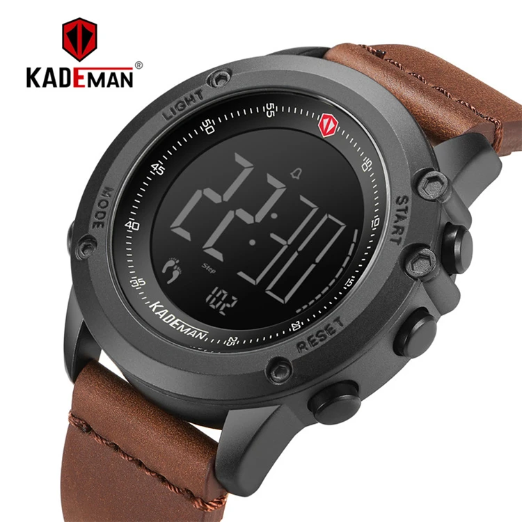 

KADEMAN Military Sports Men's Watch Digital Display Waterproof Step Counter Leather Clock Top Luxury Brand LED Male Wristwatches