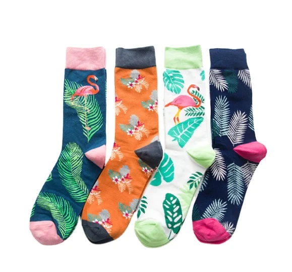 

2021 New Design Pattern Socks Men Crane Jacquard Flamingo Leaves Fashion Custom Print Sock, Accepted