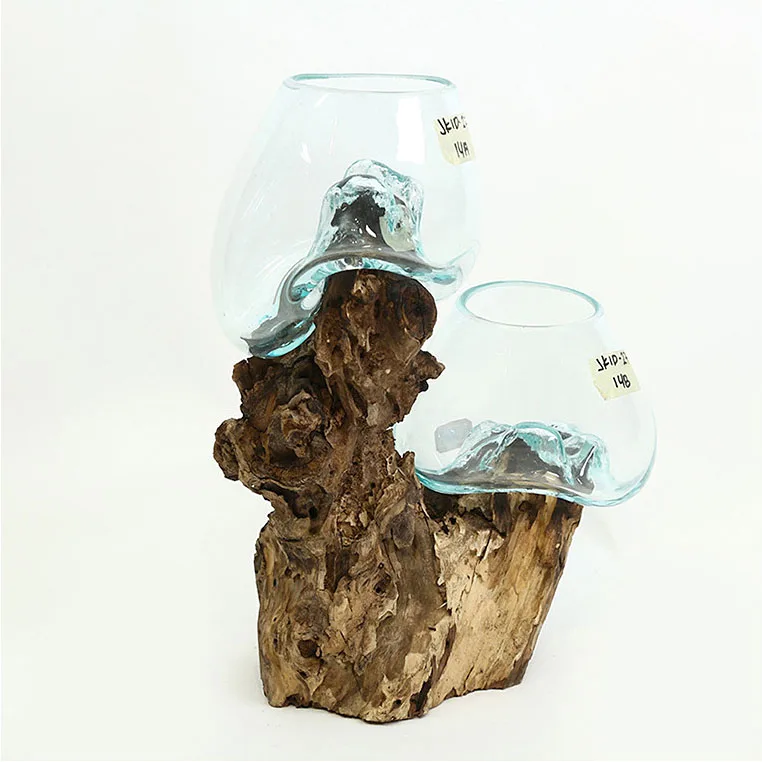 

Handmade Molten Glass Driftwood Double Bowl Container Vase Unique Fish Tanks, Picture