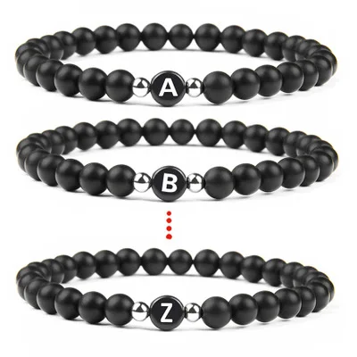 

6mm Couple Bracelet with Letter Beaded Partner Bracelet Black Frosted Agate Elastic Bracelet 26 Letters Lovers Distance Jewelry