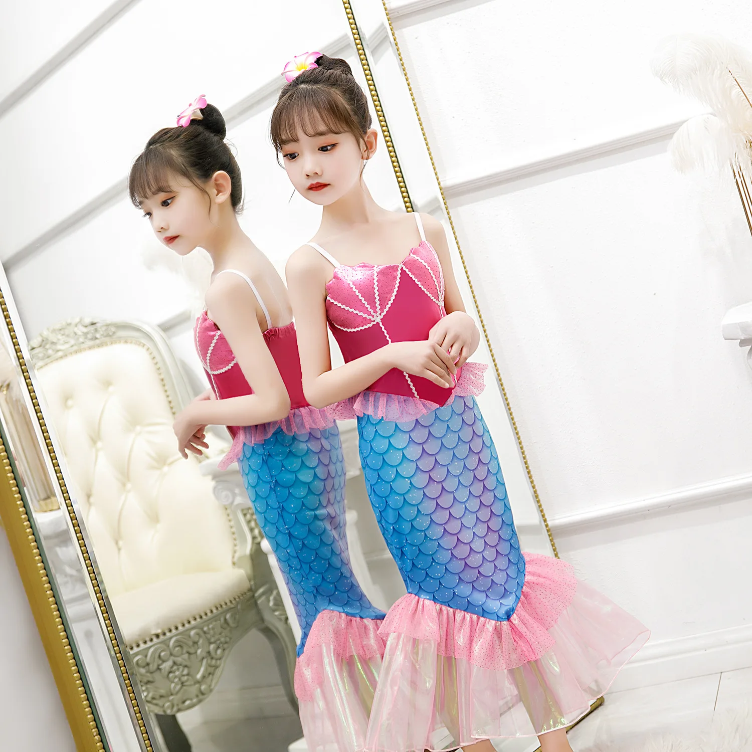 

Children Kid Cosplay Mermaid Costumes Party Fancy Dress Little Mermaid Ariel Princess Costume, Rose red color