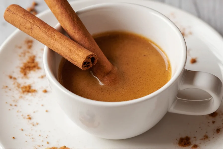 Close-up of coffee cup with cinnamon stick and ground cinnamon sprinkled on surface