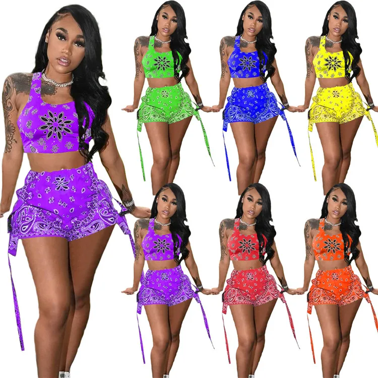 

Casual Ladies 2 Pcs Outfits Print Tank Top Shorts Summer Women Two Piece Set, Picture shown