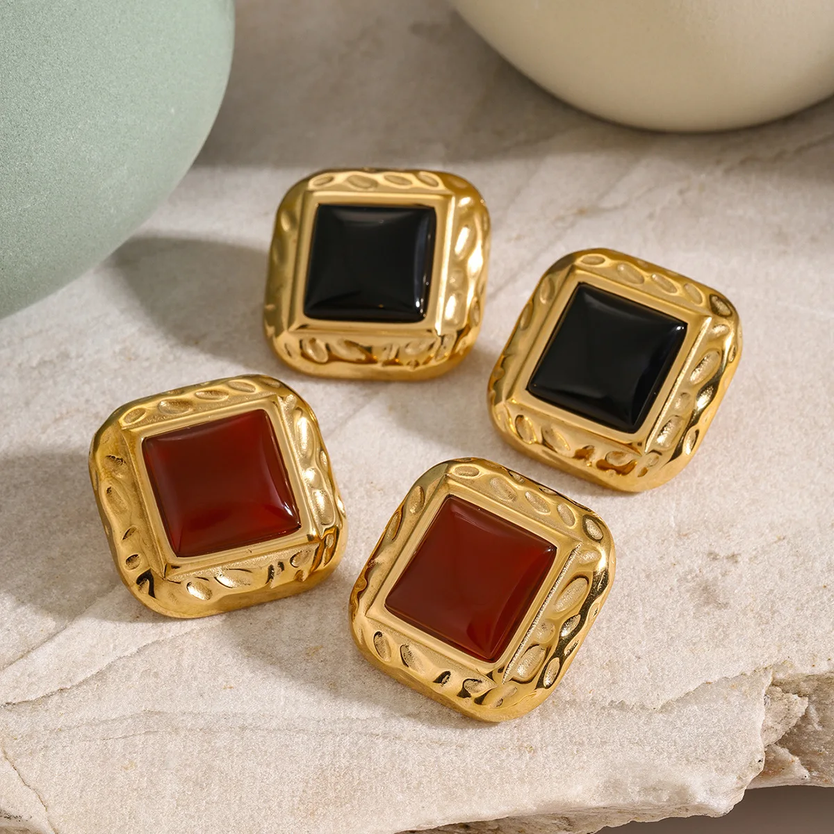 YF6060 Simple Stainless Steel Geometric Jewelry 18k Gold Plated Square Hammered Red Agate Earrings Non Tarnish