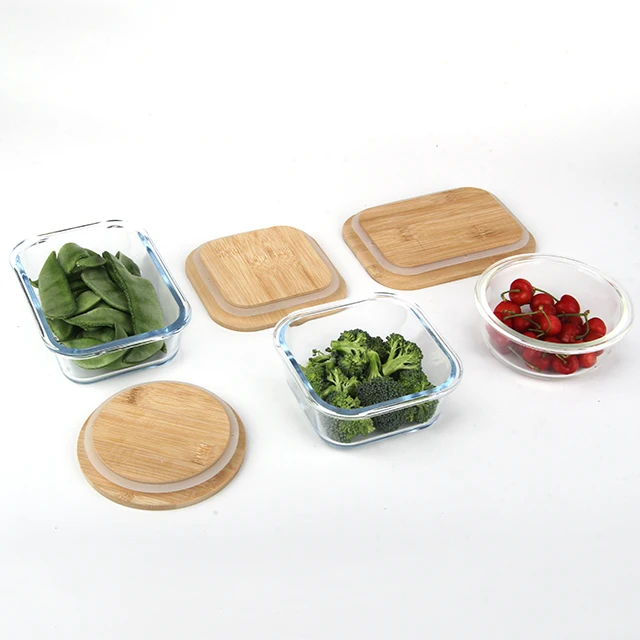 

Meal Prep storage microwave bowl jining glass insulated Glass food container bamboo lid