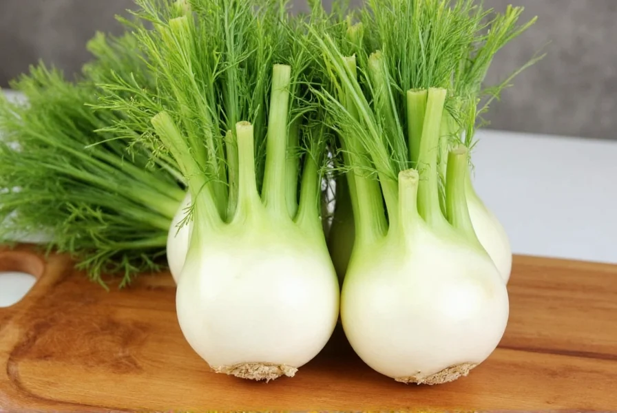 Fresh fennel bulbs with feathery green fronds on wooden cutting board