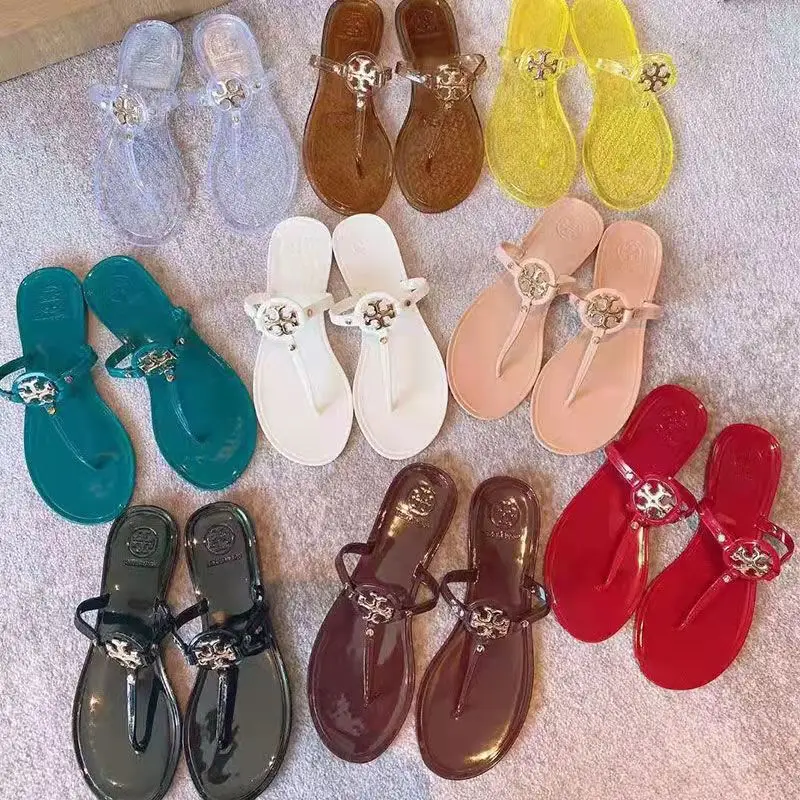 

2022 New arrival summer fashion outdoor non-slip crystal women slippers jelly flat metal beach ladies fli p-flops slippers