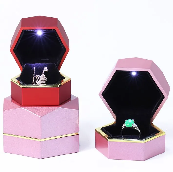 

ABS resin Velvet Wedding Ring Case Jewelry Gift hexagon ring Box With LED light for Proposal Engagement Wedding, Pink, silver, black customize