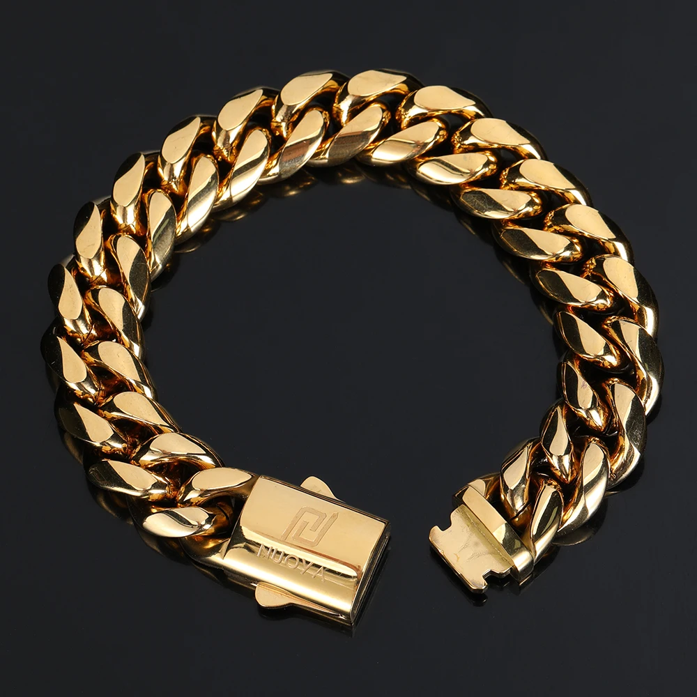 

Nuoya New Gold Bracelet Designs Wholesale Hip Hop Chain jewelry Plated Gold Cuban Bracelet for Men, Gold color/silver color