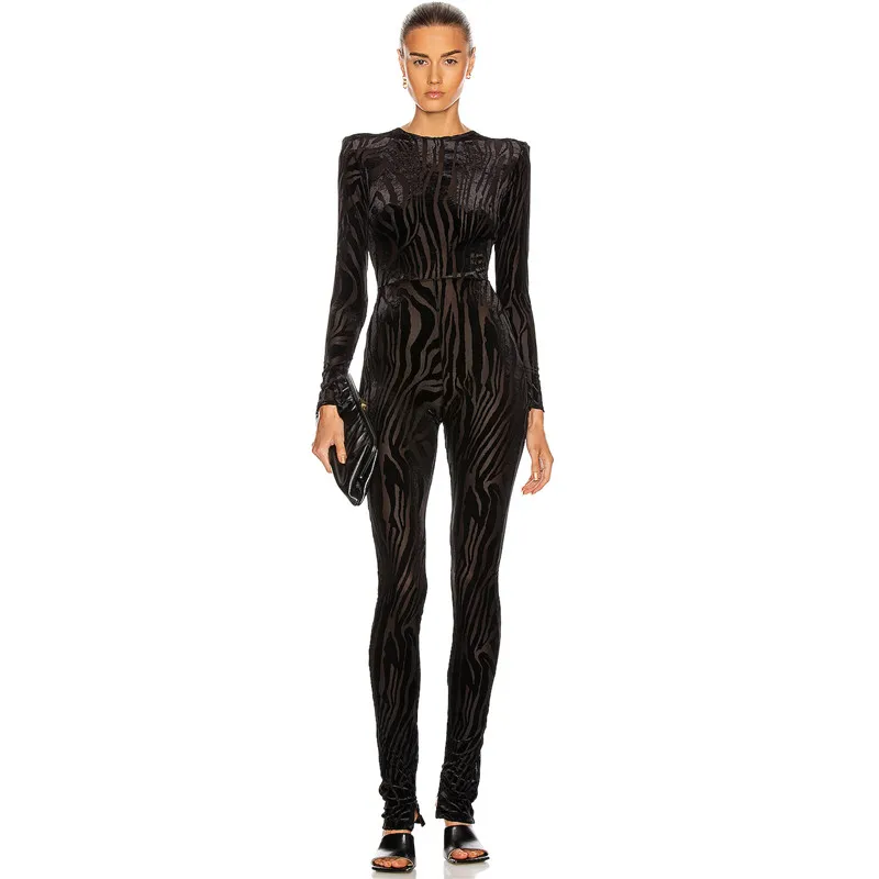 

A4423 Factory Price Black O Neck Pattern Long Sleeve Women Black Jumpsuit