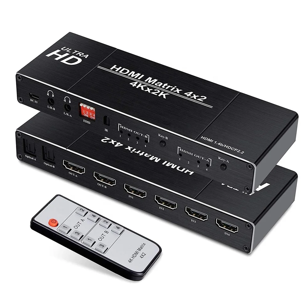 

OZJ1 4K 4x2 HDMI Matrix Switch 4 in 2 Out Matrix HDMI Video Switcher Splitter with Optical L/R Audio Extractor EDID IR Remote, Black