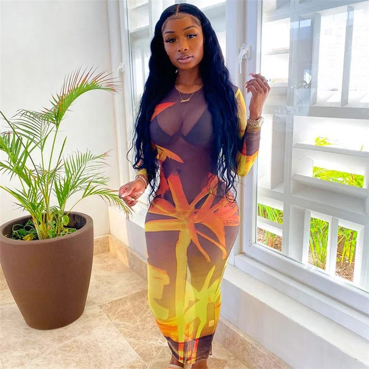 

Mesh Print See Through club dresses women clothing sexy Long Sleeve Party Casual Dresses 2021 Women Clothing Woman Dress Sexy, Orange, green