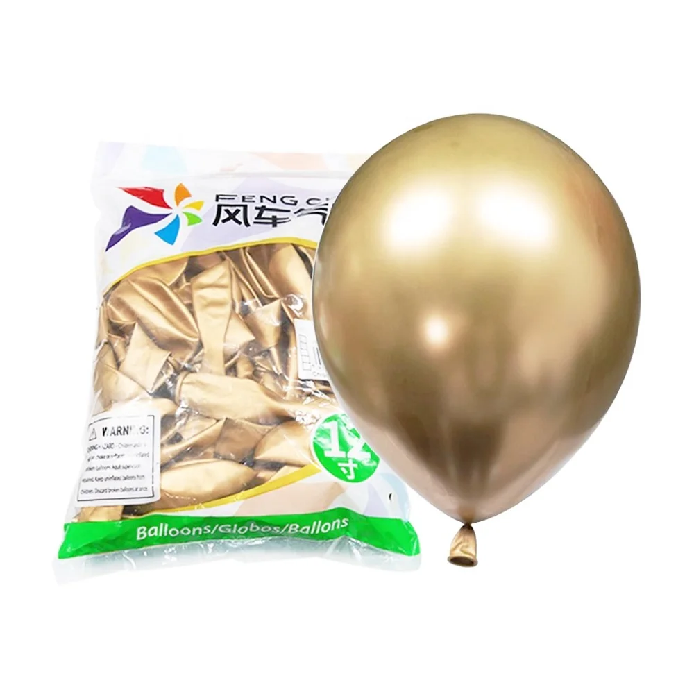 

50pcs 12 inch Solid Color Green Purple Black Rose Gold Blue Red Golden and Silver Metallic Chrome Balloon with Ribbon